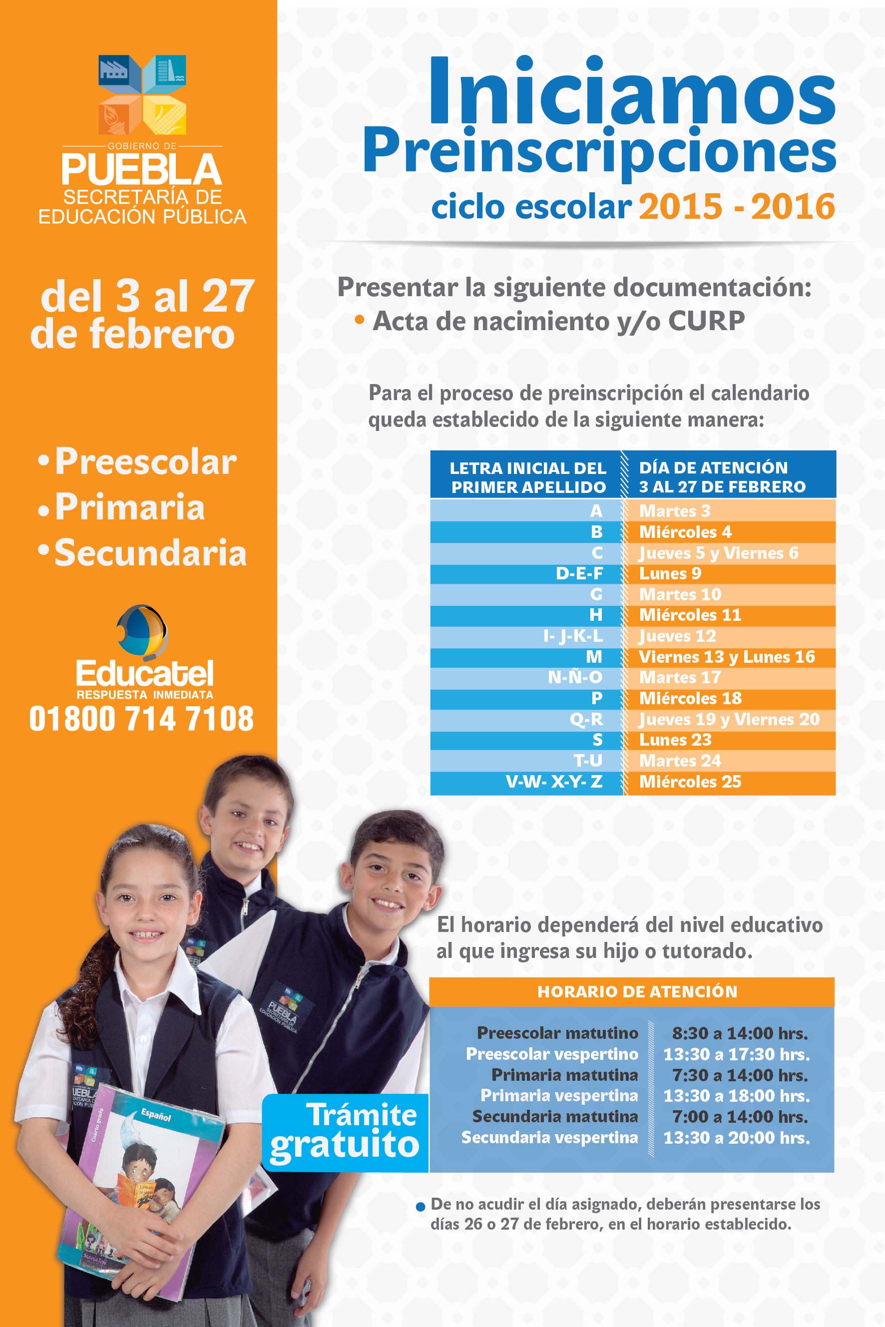 Puebla Proceso de Preinscripción Escolar del 3 al 27 de febrero